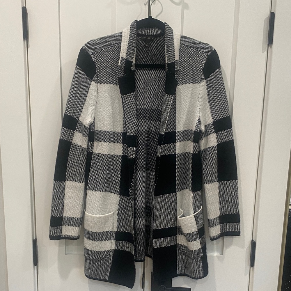 Talbots Black and White Plaid Sweater Blazer